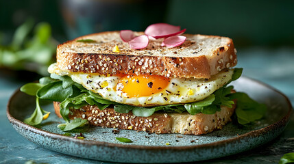 A delicious breakfast sandwich on a blue plate with a fried egg, greens, and radish slices.