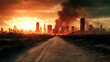 © Siasart Stock - A desolate, dusty road leads towards a burning city skyline under an ominous, red sky.