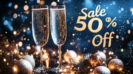 Celebrate with festive champagne flutes sparkling against a backdrop of holiday decorations during a seasonal sale event