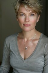 Wall Mural - 2006 professional headshot photograph of an actress in her forties, with short blonde hair, wearing a grey longsleeve top, silver necklace 