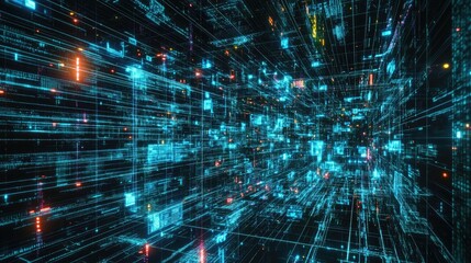 Poster - A complex digital grid with flowing data streams, representing AI, data encryption, and technological operations.