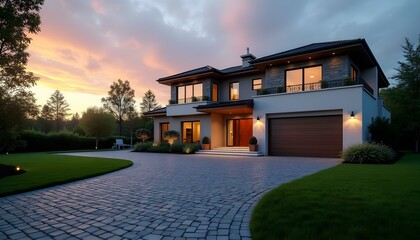 At Evening dusk sunset, cobblestone in  driveway lush green grass lawn meadow with beautiful landscape, a luxury house and garage building modern architecture. Concept of real estate property