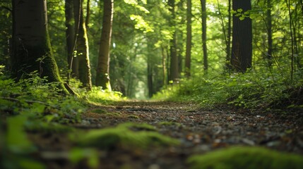 Wall Mural - A forest path with the camera positioned at ground level, capturing the intricate details of the forest floor