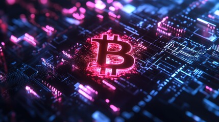 Poster - A high-tech visualization of the Bitcoin market with a glowing Bitcoin symbol and data streams, futuristic financial concept