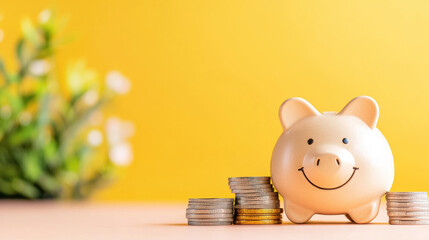 A piggy bank is sitting on a table with a pile of coins next to it