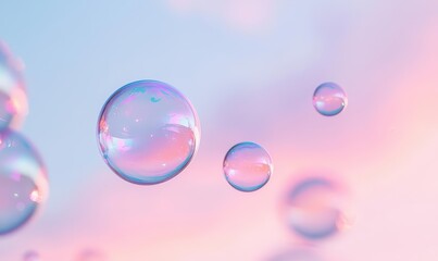 Poster - Pastel Colored Soap Bubbles Floating Against Soft Gradient Sky Background