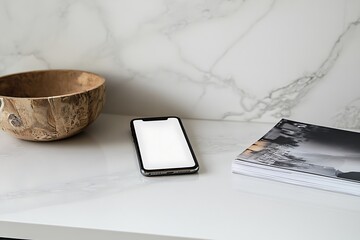 Modern Smartphone on Contemporary Countertop - Product Photography Close-up with Blank Screen, Magazine, and Decorative Bowl