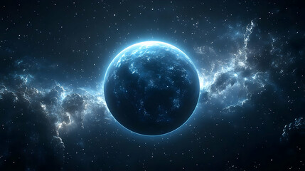 Wall Mural - A glowing blue planet in a dark, starry universe, with a wispy nebula in the background.