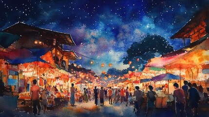 A vibrant watercolor painting of Chiang Mai's night market, with colorful stalls, twinkling lights, and an energetic crowd under a starry sky.