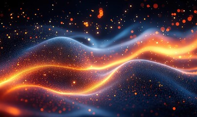 Poster - Abstract Digital Waves with Blue and Orange Glowing Particles