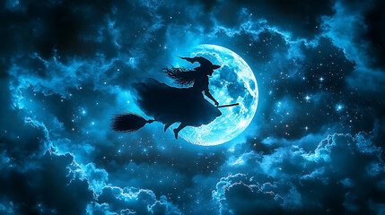 A witch flying on a broomstick over a blue moon