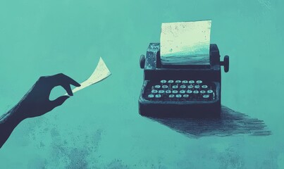 Wall Mural - Vintage Typewriter with Hand and Paper in Blue Tones