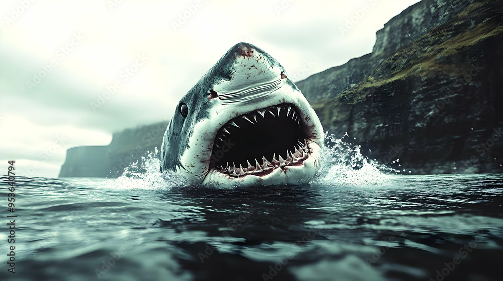 A great white shark with its mouth open in the water, with a cliff face ...