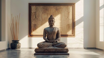 Enlightened Buddha statue background with wooden frame in meditation room. Warm golds and tranquil atmosphere, white background