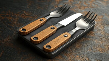 Portable camping cutlery set, with nested pieces and a locking mechanism, 3D illustration