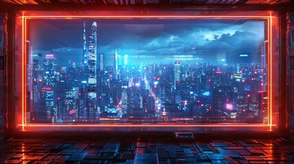 Wall Mural - Futuristic city skyline with wooden frame in high-tech office. Sleek lines and neon lights