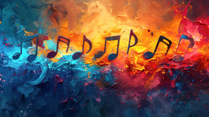 A colorful watercolor painting of musical notes and a wave