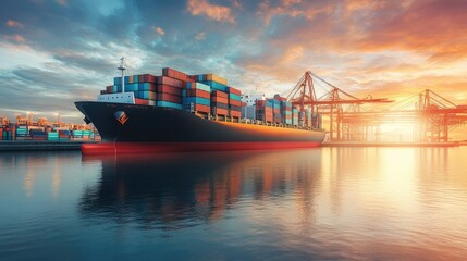 Freight ship at dock with containers being unloaded for import and export. Focus on logistics management and global trade.