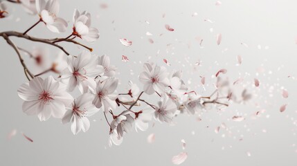 Wall Mural - A photorealistic image of a blooming cherry blossom branch, its petals gently falling like snowflakes