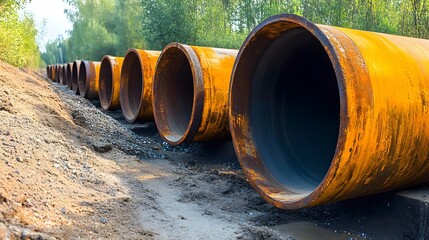 A stack of black pipes with yellow tape. The pipes are stacked in a row and are very long