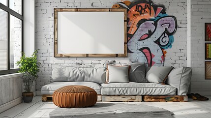 Monochrome graffiti wall with wooden frame in edgy teen?s bedroom. Bold and rebellious