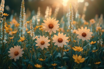 Serene Meadow of Sunlit Yellow Flowers in Green Landscape