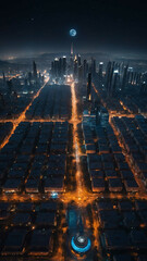 Poster - night in alien city aerial view background