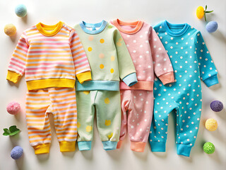 Set of baby suits and overalls with cute design of different colors striped and polka dots on white background