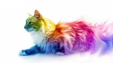 A playful rainbow-colored cat with long, flowing fur