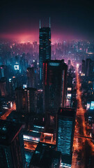 Poster - night in cyberpunk city aerial view background