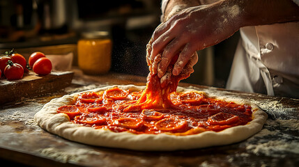 A hand spreading tomato sauce on a pizza crust.