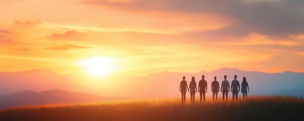 Wall Mural - Group of people standing in a vast, open field as the sun sets, each facing a different direction, diversity, sunset, nature, reflection