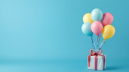 Poster - Colorful birthday gift and balloons with blue background