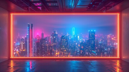 Wall Mural - Neon cityscape with sleek wooden frame in cyberpunk apartment. Vibrant lights and futuristic vibes