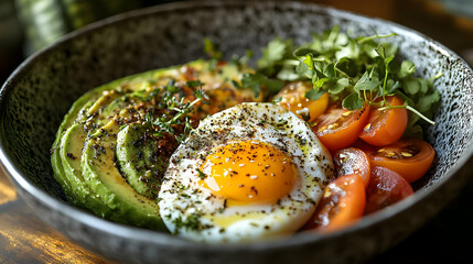 A healthy breakfast bowl with avocado, fried egg, cherry tomatoes, and microgreens.