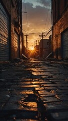 Wall Mural - sunset in apocalyptic city alleyway background