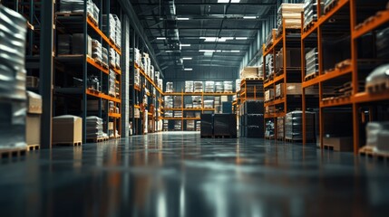 Industrial-scale warehouse with goods scattered across shelves in the background, captured with a blur effect to focus on the vastness of the storage space