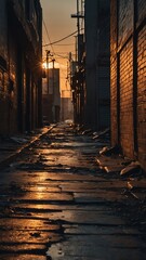 Wall Mural - sunset in apocalyptic city alleyway background