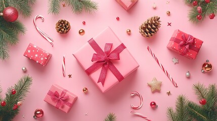 Poster - stylish christmas decorations,gift boxes on pink background flat lay top view 