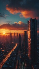 Wall Mural - sunset in cyberpunk city landscape background