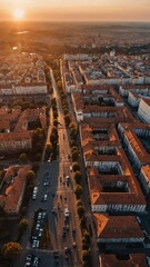 Wall Mural - sunset in european city aerial view background