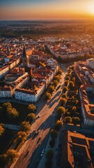 Wall Mural - sunset in european city aerial view background