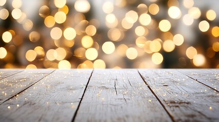 Wall Mural - Christmas background with empty white wooden table over bokeh lights.