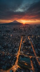 Wall Mural - sunset in japanese city aerial view background