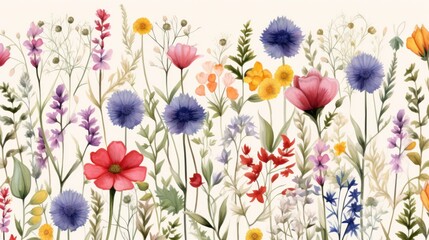 A seamless floral pattern featuring a vibrant mix of wildflowers, rendered in a watercolor style