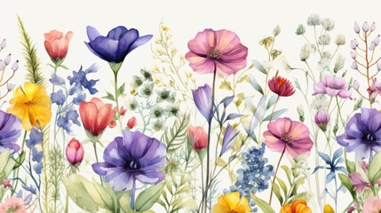 A seamless floral pattern featuring a vibrant mix of wildflowers, rendered in a watercolor style