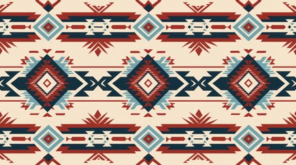 Poster - A seamless geometric ethnic pattern, reminiscent of traditional Navajo weaving, with repeating diamonds, triangles, and stepped designs.