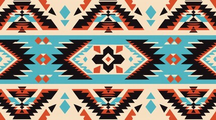 Poster - A seamless geometric ethnic pattern, reminiscent of traditional Navajo weaving, with repeating diamonds, triangles, and stepped designs.