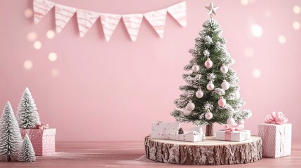 Wall Mural - Festive Christmas scene with a pink background featuring a decorated tree on wooden log slices, a gift box, and a banner for displaying designs