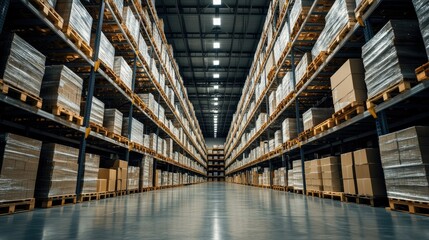 Poster - Interior of a logistics warehouse showing high shelves and stored inventory, highlighting the vast amount of goods prepared for shipment.